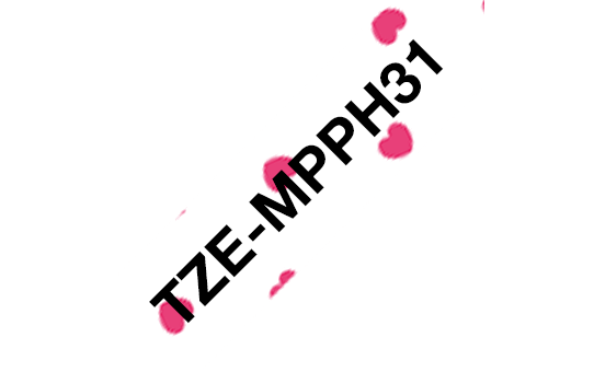 Brother original TZeMPPH31 merketape - sort tekst på matt hvit bunn med rosa hjertemønster, 12 mm bred